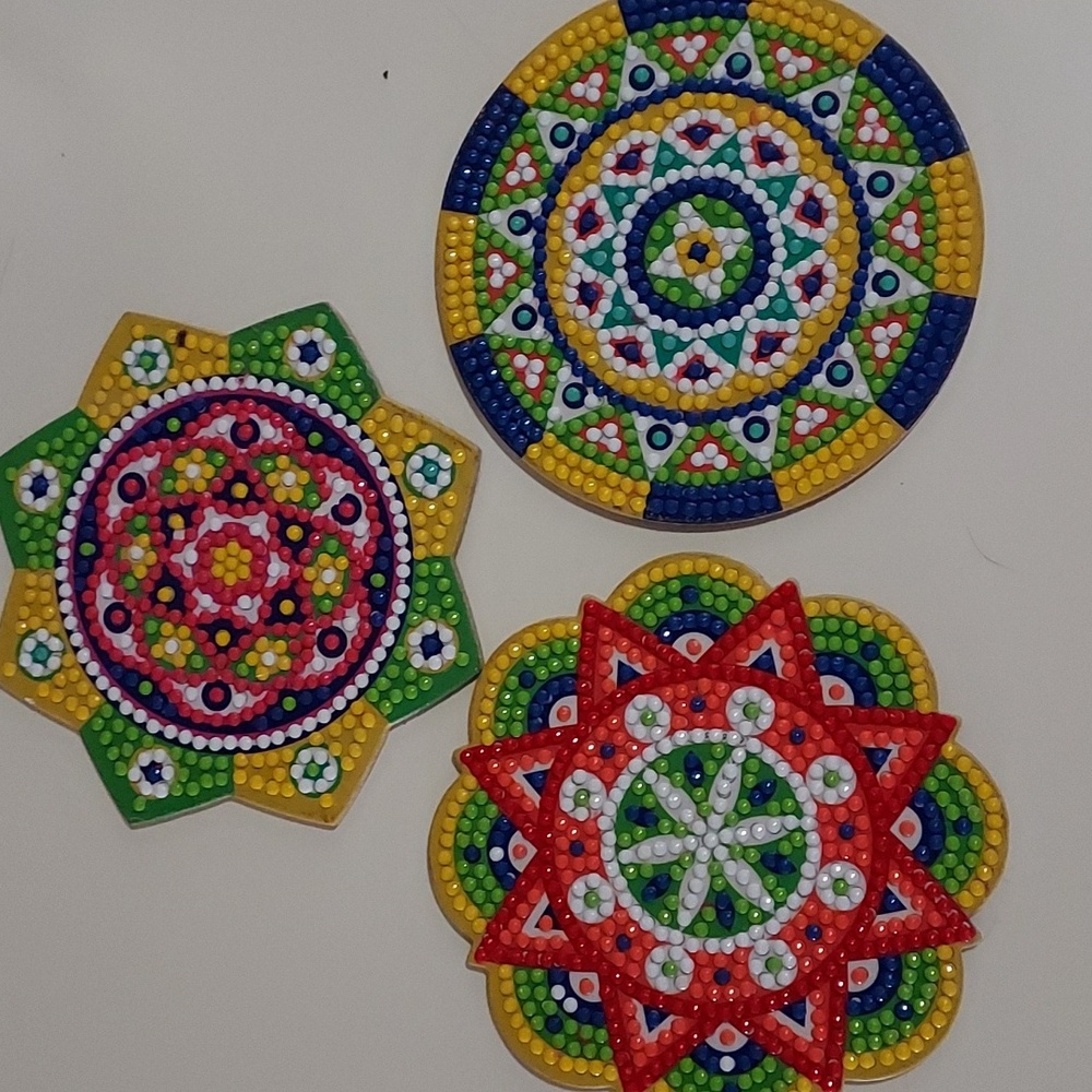 Set Of 3 Colorful Handcrafted Mandala Diamond Painting Coasters